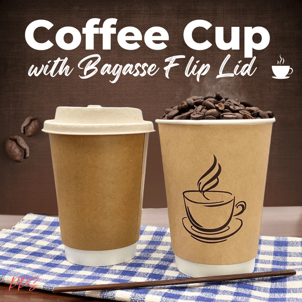 12oz Double Wall Coffee Paper Cup with Bagasse Flip Lid Kraft Coffee ...
