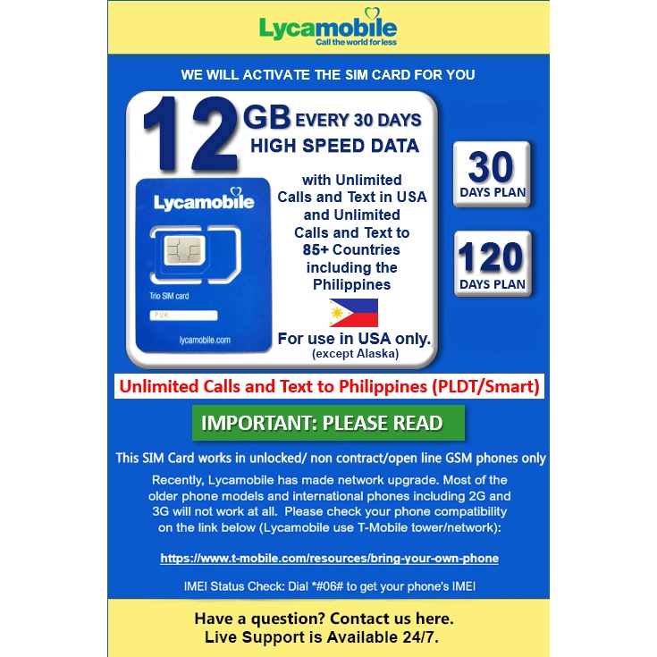 USA Travel SIM Card LYCA (Including Hawaii and Puerto Rico) 12GB of