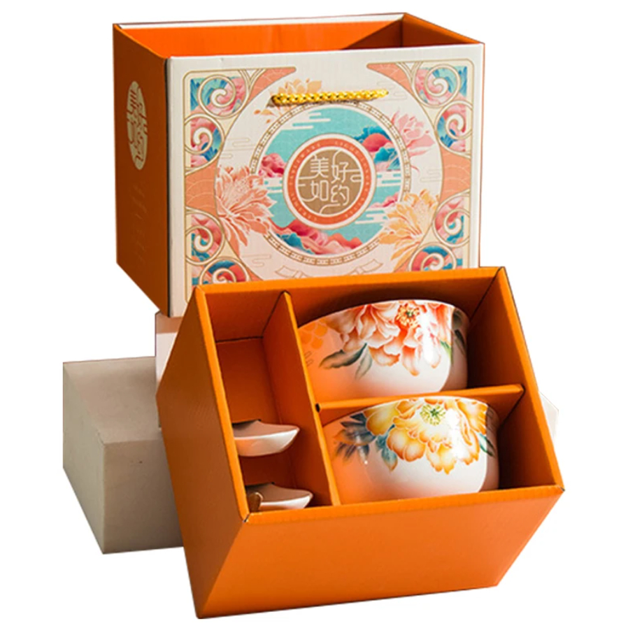 Premium Golden Orange Floral Ceramic Chinese Rice Bowl Gift Set ...