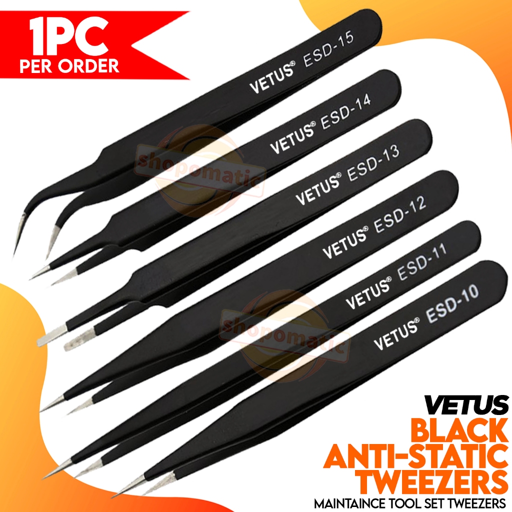 🟧Black Antistatic tweezers pointed flat head long curved tip Tweezer 🟧