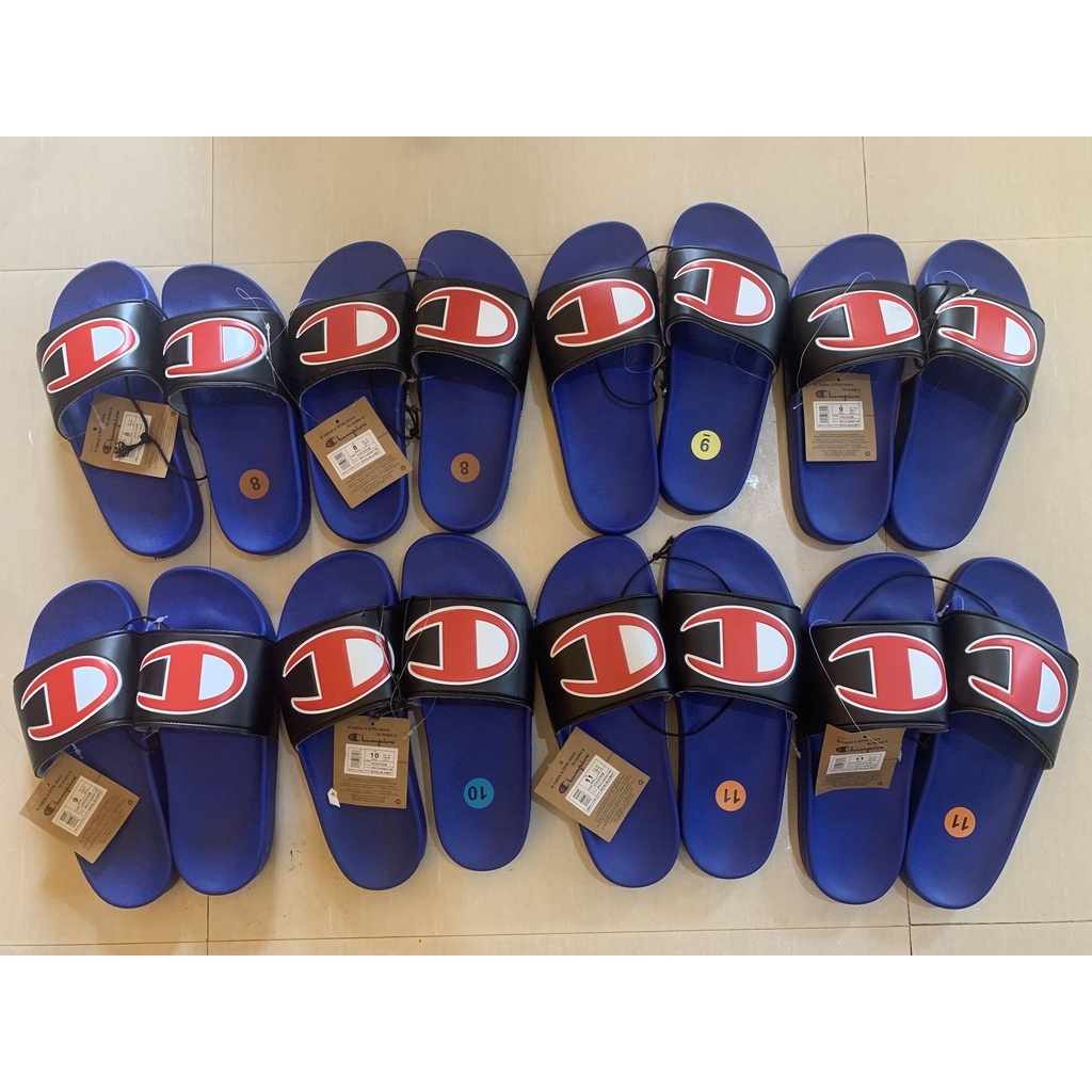 Original Champion Slides Slide Sandals Slippers blue w black strap red logo