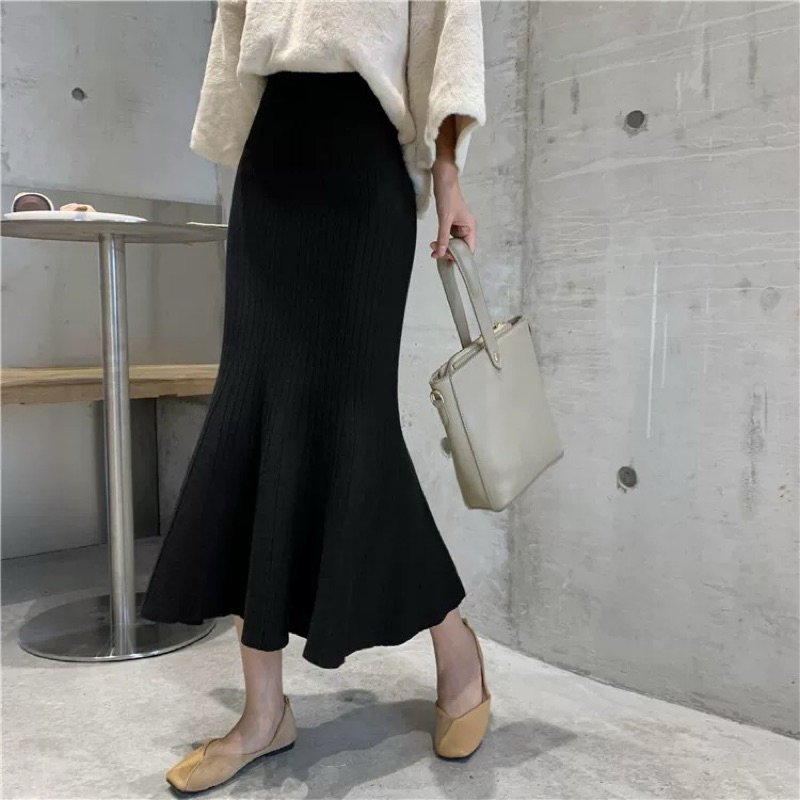 Korea Style Plain Knitted Skirt Mid-Length High Waist Ruffled Fishtail ...