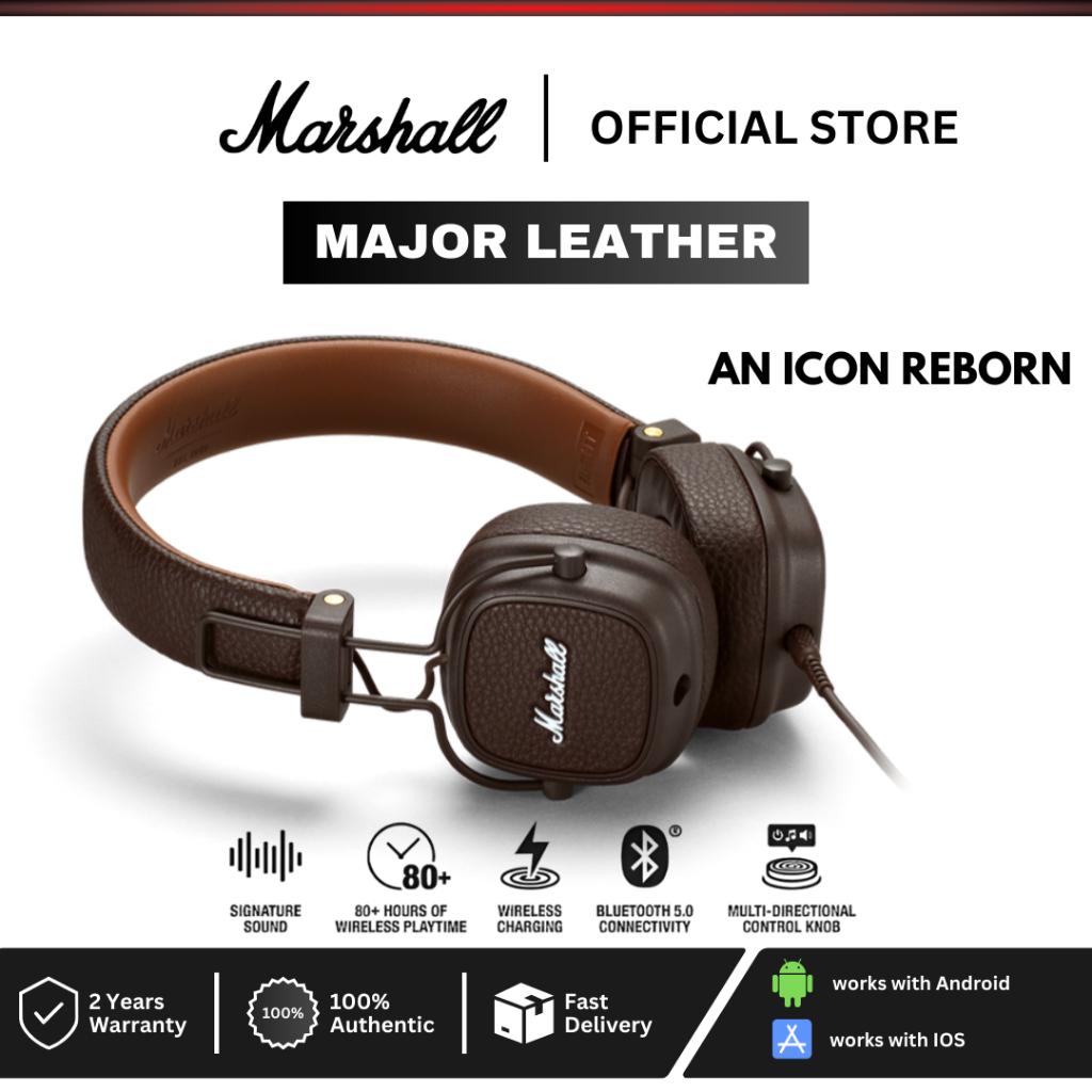 Marshall Major Leather Noise Cancelling Headphones Headset Hi Fi