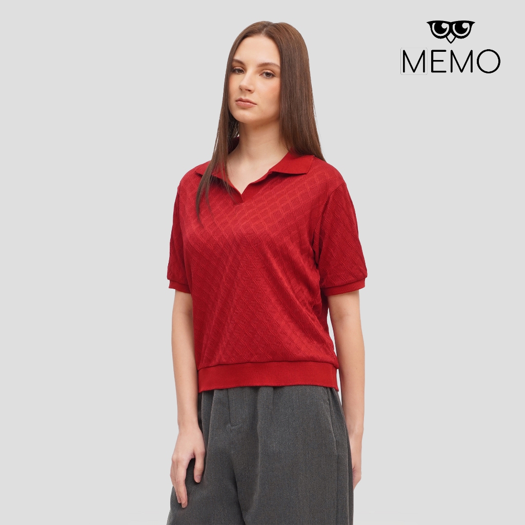 Memo Textured Polo For Women Cream Red Shopee Philippines
