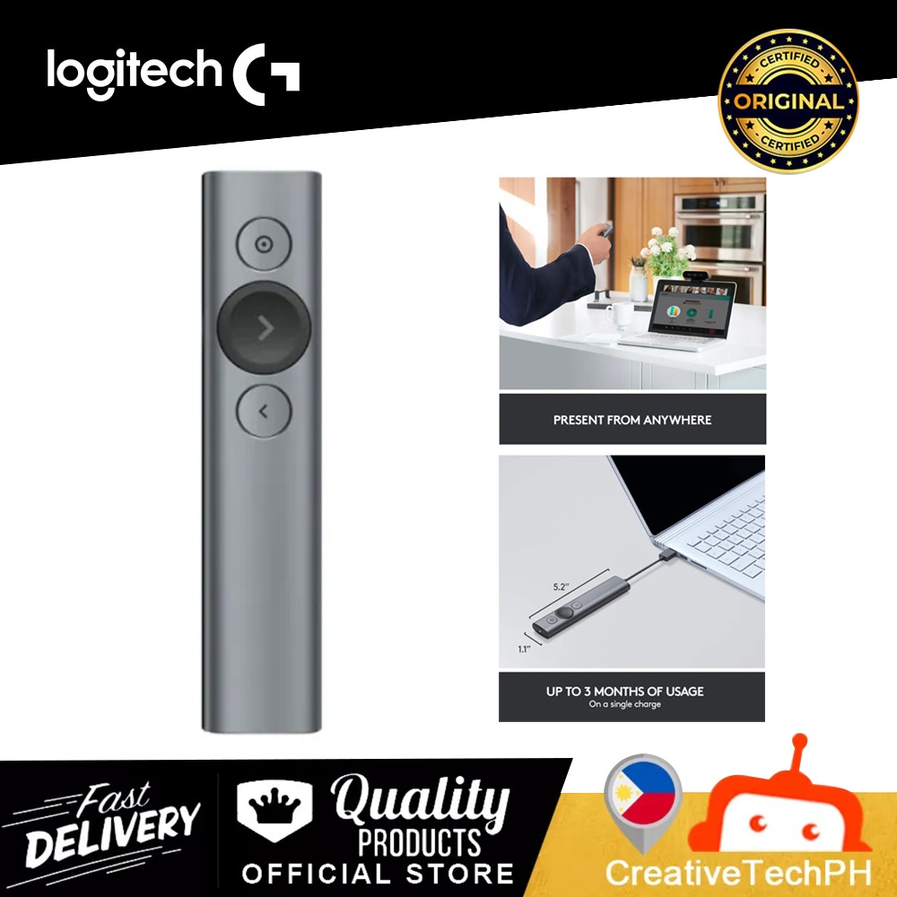 SILVER Logitech Spotlight Wireless Presentation Remote, 2.4 GHz and