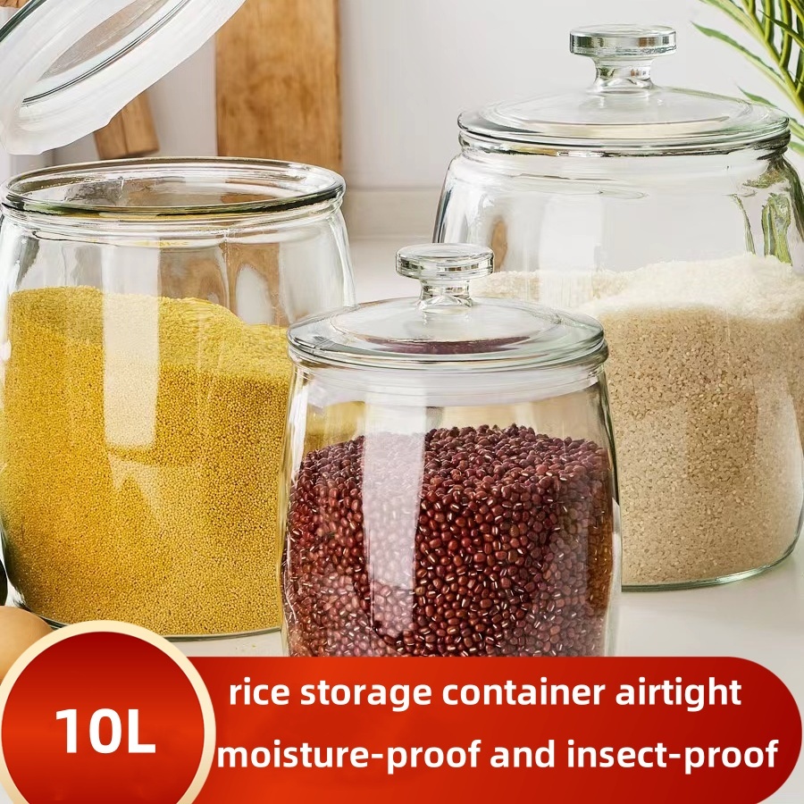 Rice dispenser 10kg glass jar with lid/airtight container food storage