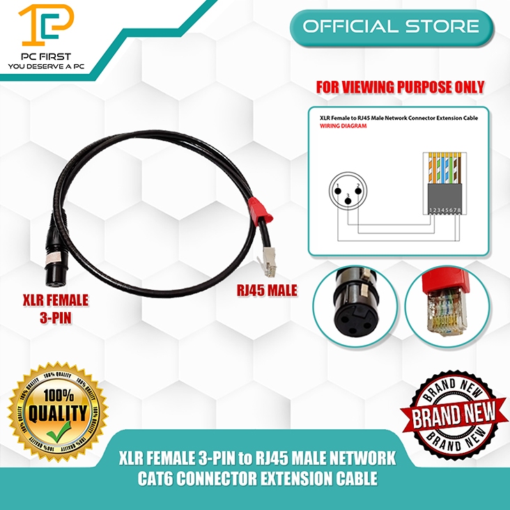 PC FIRST XLR FEMALE 3-PIN to RJ45 MALE NETWORK CAT6 CONNECTOR EXTENSION ...