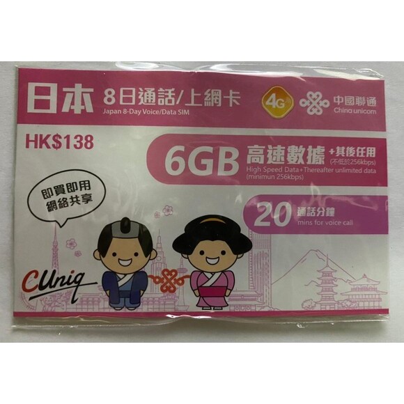 Japan 8 Days 6 GB Travel Data Sim + 20 Min Voice Japan Data + Voice Sim Japan Travel Data