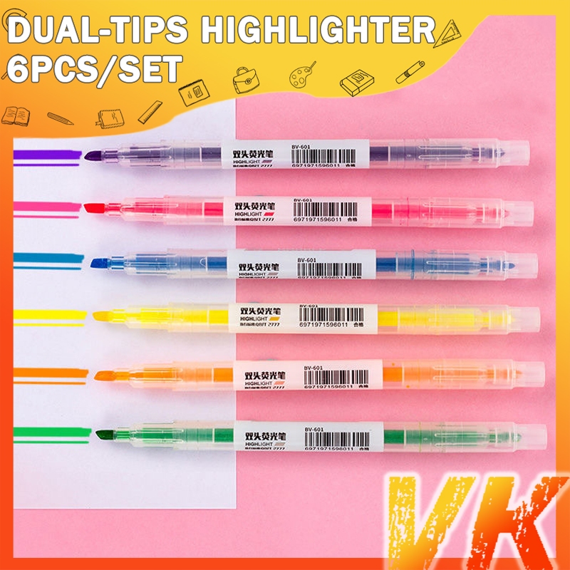 VK 6pcs Double Headed Highlighter Pen Set Japanese Fluorescent Markers