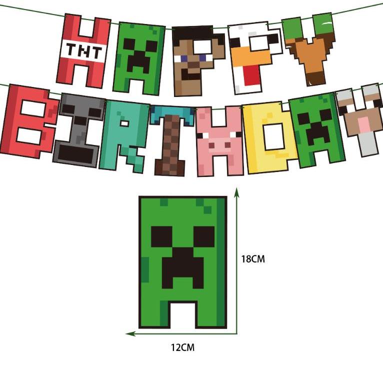 Minecraft themed paper banner pixel game birthday flag party decoration ...