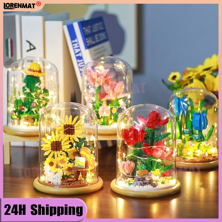 Building Blocks Flowers Bouquet With Warm Light Glass Cover Diy Toys ...