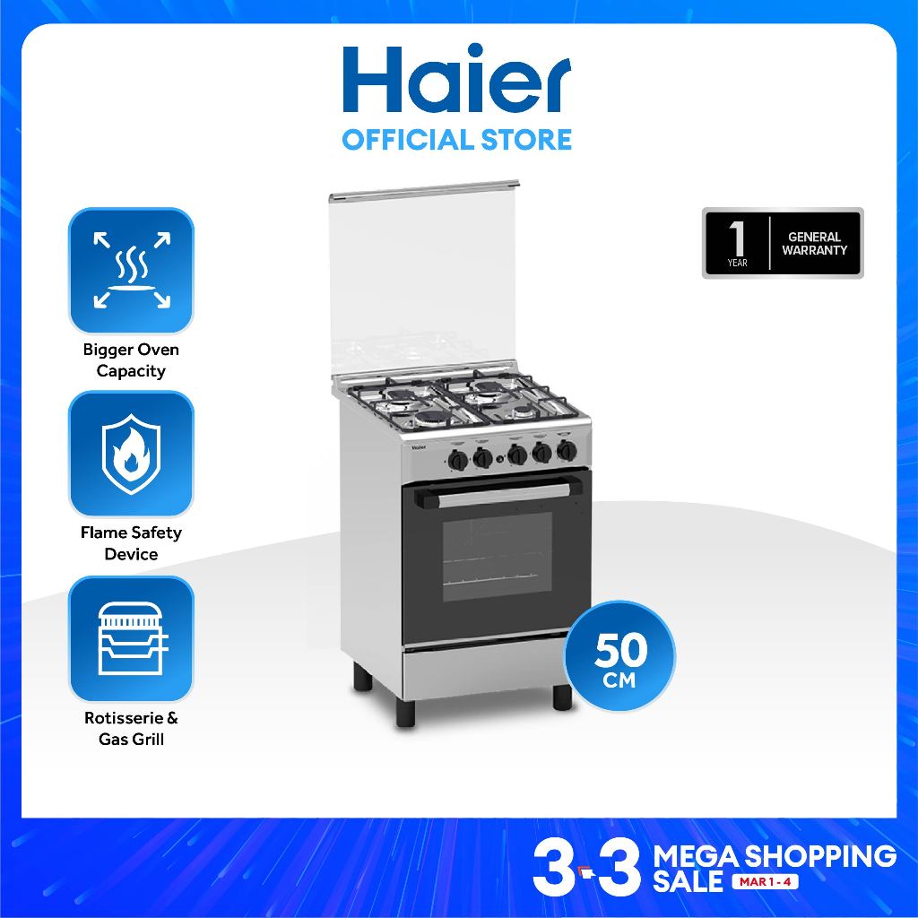 Haier HFS504G60GOSS 50cm 4 Gas Burners with 62L Double Burner Gas Oven