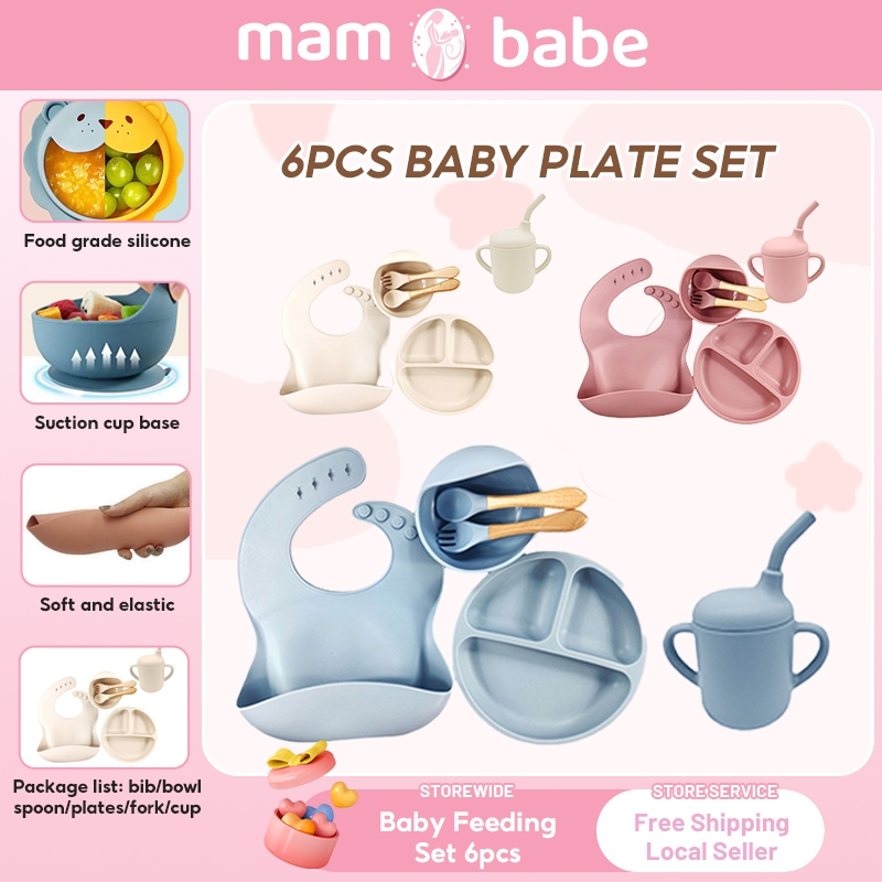 Baby Feeding Set 6pcs Silicone Baby Plate Set Infant Silicon Bib