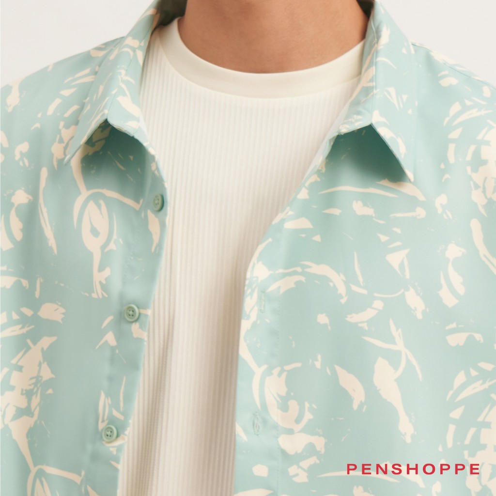 Penshoppe Riptide All Over Print Relaxed Fit Shirt For Men Mint Green Shopee Philippines