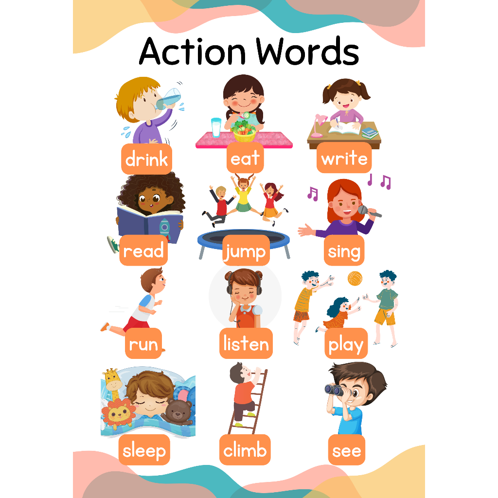 Action Words Verbs English Learning Educational Charts A4 Size Stickers ...