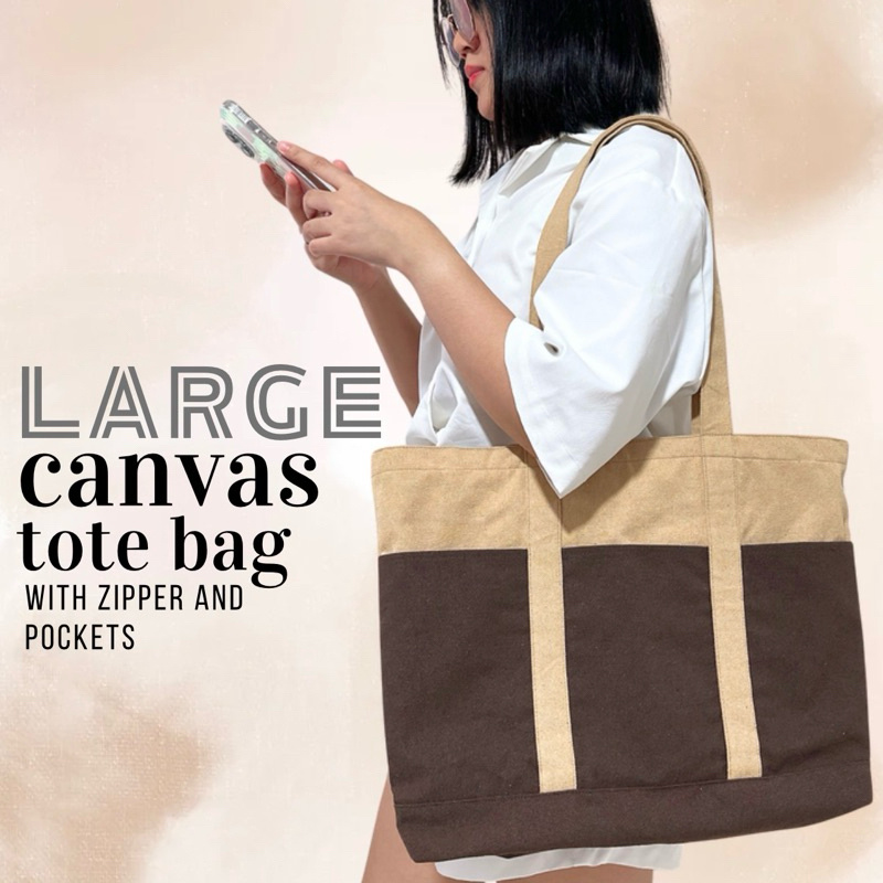 LARGE CANVAS TOTE BAG WITH ZIPPER AND POCKETS Shopee Philippines