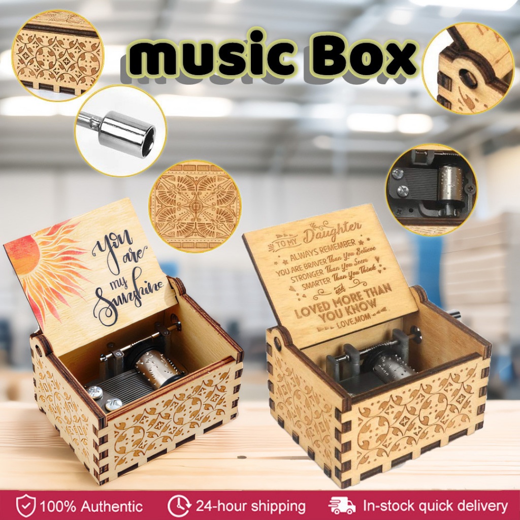 Wooden Hand Crank Music Box - You Are My Sunshine Retro Carved Design