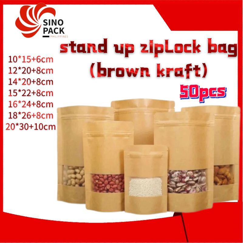 50pcs stand up kraft brown paper bag with Zip Lock with Window food ...