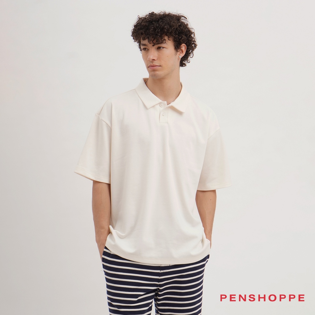 Penshoppe Boxy Fit Polo For Men (Chocolate Brown/Off White/Olive