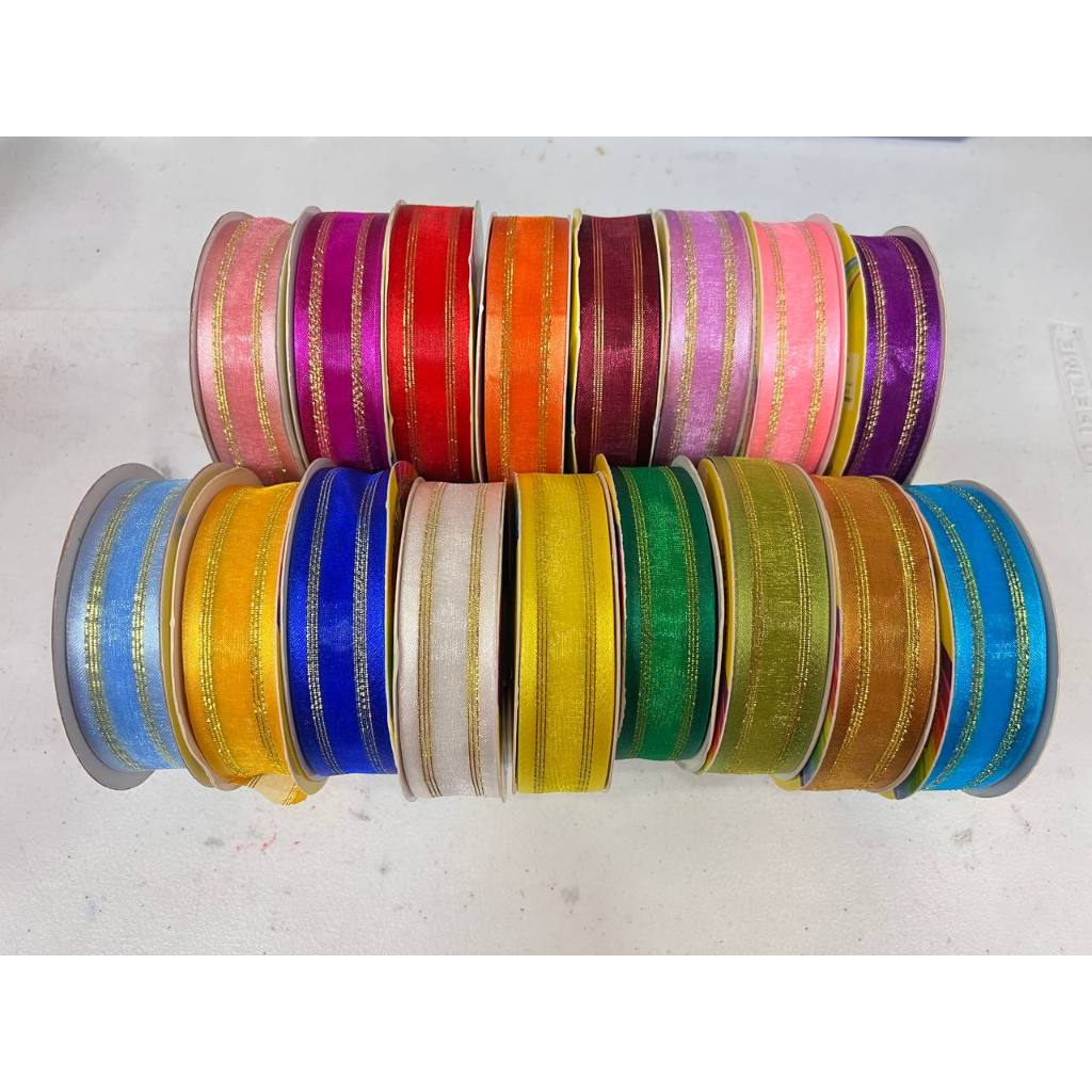1 inch Ribbon Fancy #0072 with Organza Middle Gold Stripes (33 yards ...