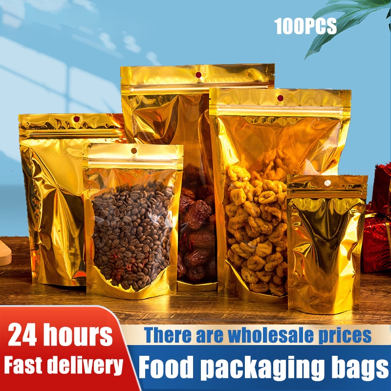100PCS Half Gold Aluminum Half Clear Stand Up Pouch with Zip Lock Packaging  Ziplock Resealable MX111