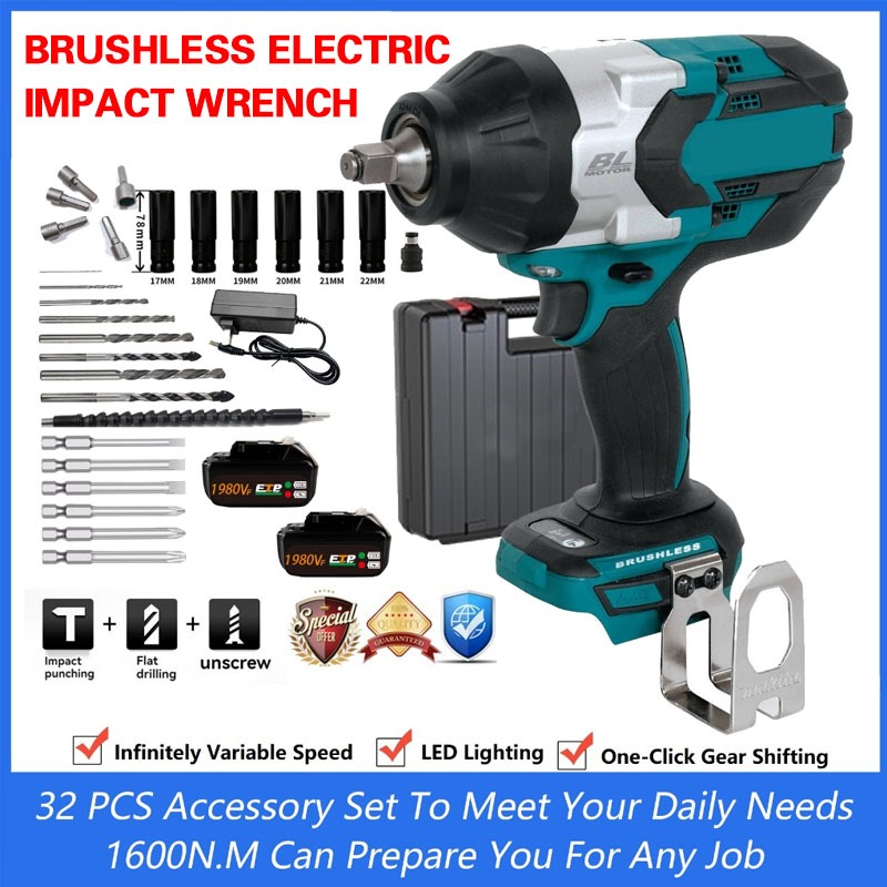 1980VF 1/2" Cordless Brushless Electric Impact Ratchet Wrench Pure Copper Motor 3in1 Mode