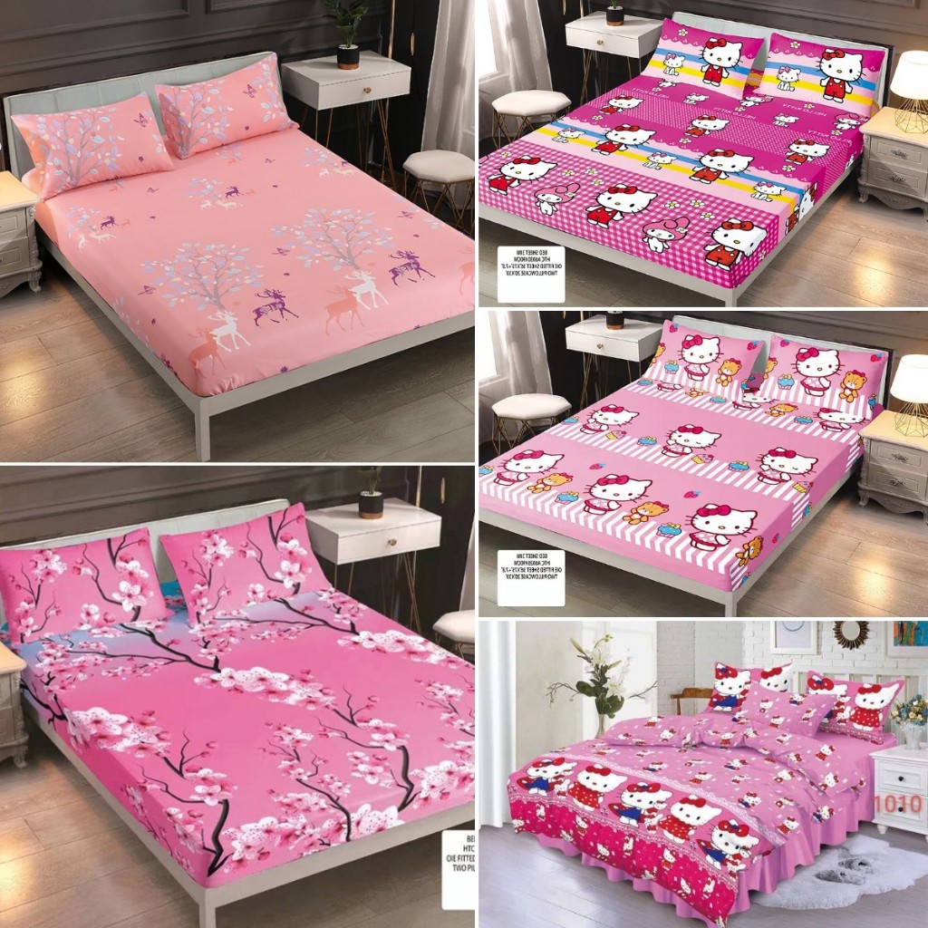 3in1 Pink Design Bedsheet Cotton Beddings Pillow Case Garterized