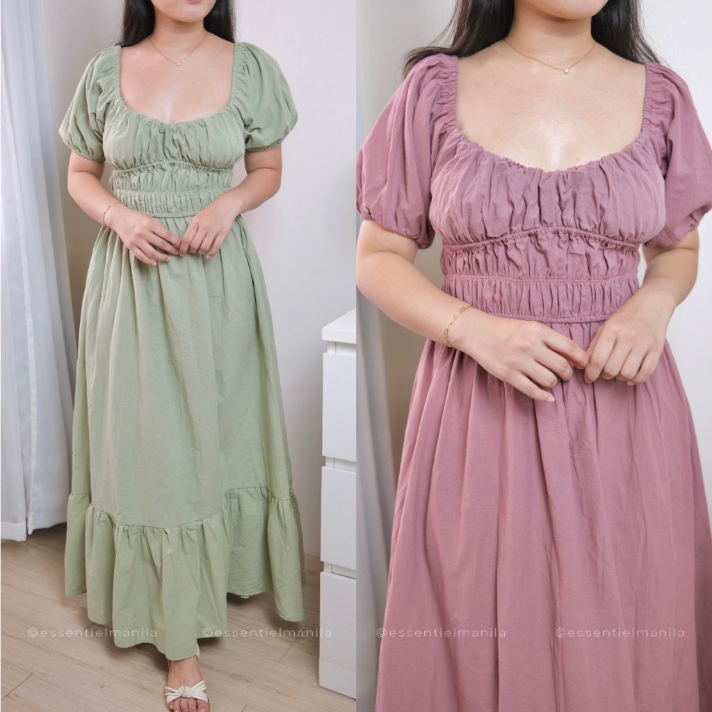 Pure color Puff Sleeves Maxi Dress ,