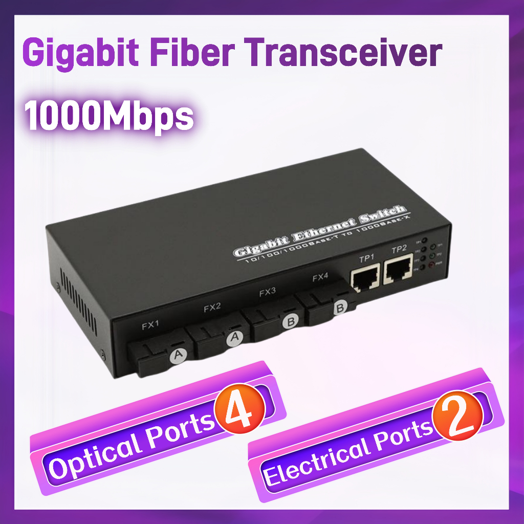 4G2E Fiber Media Converter Transceiver Switch Convert Single Mode ...