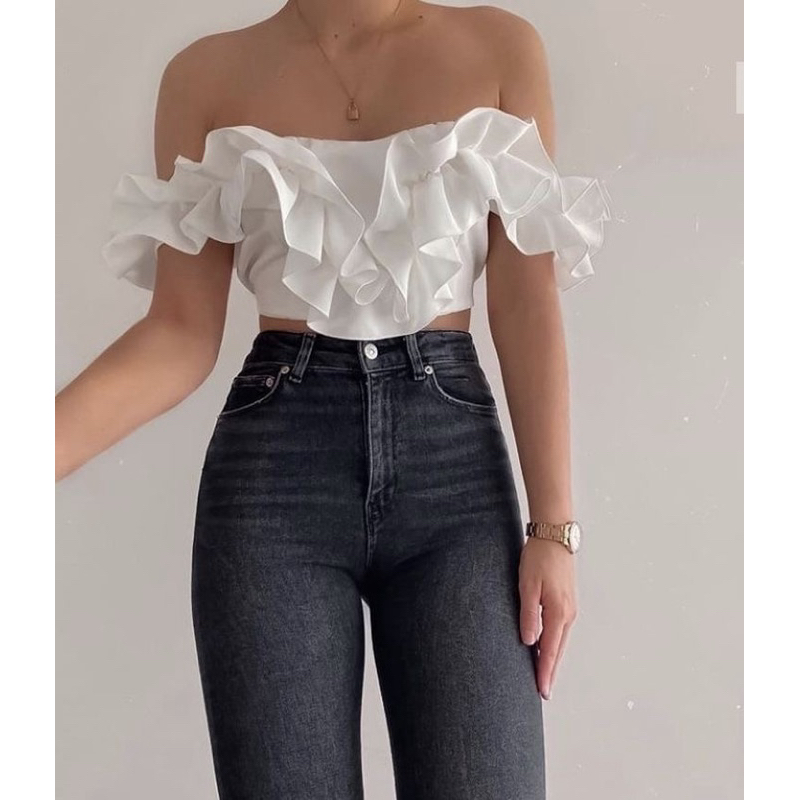 Honey Off-Shoulder Ruffled Cropped Top