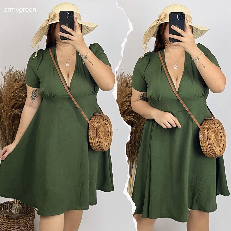 Plus Size Chubby Women Dress Plunging Neck Skater Skirt XL 2XL 3XL Linen in Plain VALERIE Shopee Philippines