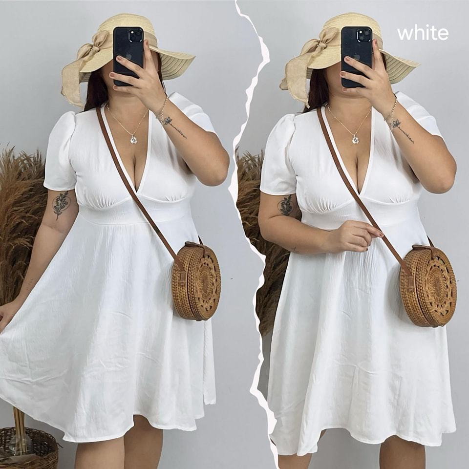 Plus Size Chubby Women Dress Plunging Neck Skater Skirt XL 2XL 3XL Linen in Plain VALERIE Shopee Philippines