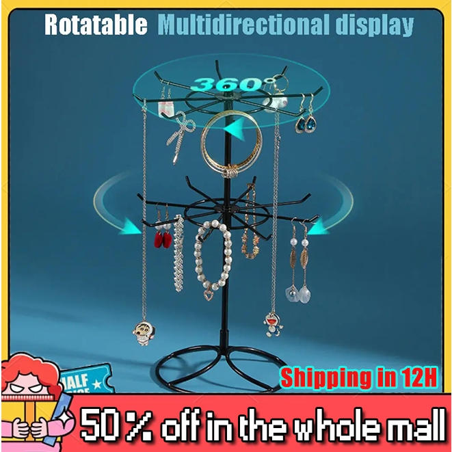 2-Layer 360 Rotation Rotating Rack Metal Stand With Hooks for Necklace ...