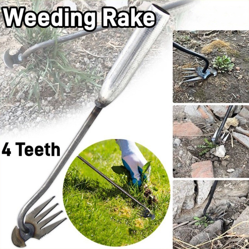 Steel 4-tooth weeding and root removal tool weeder root digger garden ...