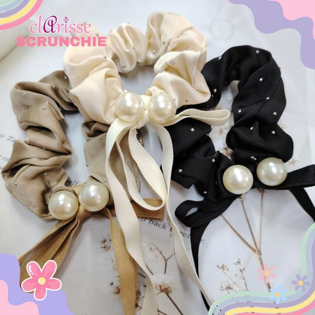 Clarisse Retro Design Pearl Bow Long Ribbon Scrunchies for Woman Girl ...
