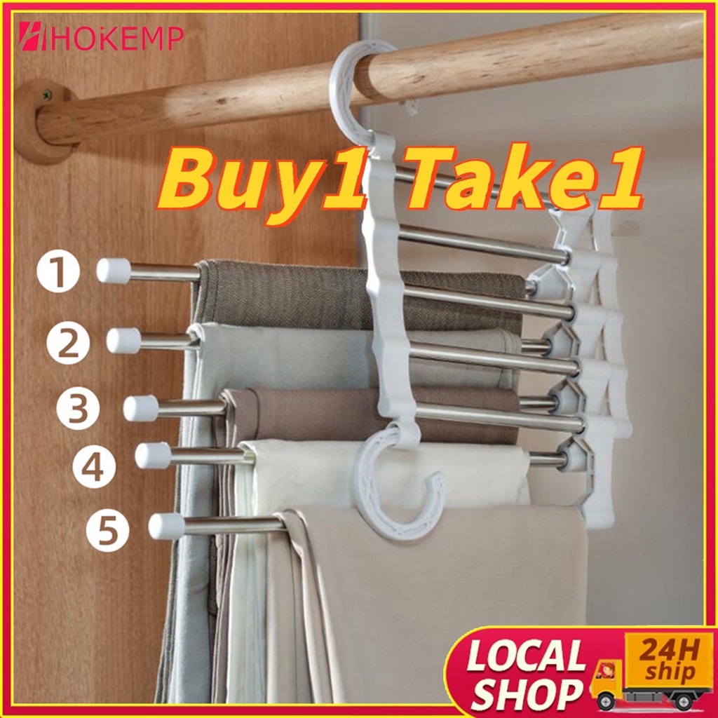 5 Layer Clothes Hanger Organizer Rack Foldable Pants Hanger Heavy Duty Closet Storage Solution ...