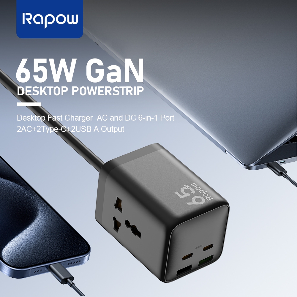 Rapow RS65 65W GaN Multi-Interface Desktop Powerstrip 2AC+2U+2C 6-in-1 ...