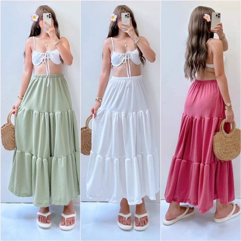 SMFH MARIZ Plain Long Skirt Bohemian Boho Party Plain Flowy Maxi Skirt Outfit Small to XLarge Crepe