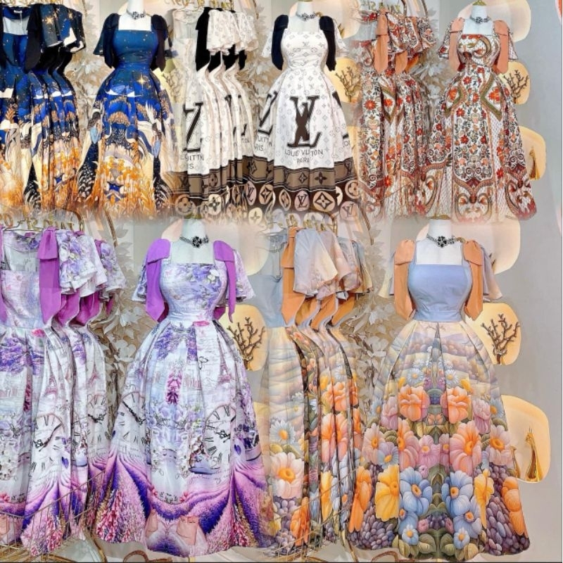 Premium Vietnam Padded Maxi Dress Ribbon Sleeve Womenswear | Shopee ...