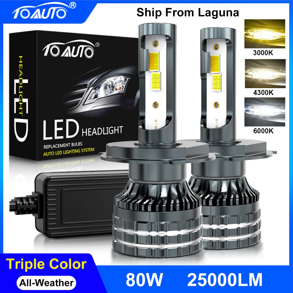 TOAUTO 80W Triple Color All Weather Car LED Headlight H4 H11 9005 Fog ...