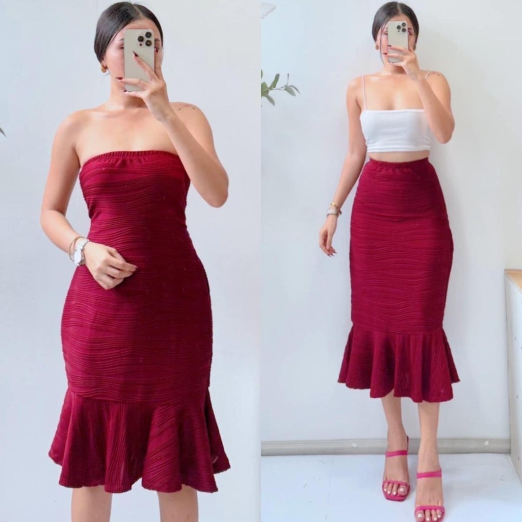 D&C Lucky Girl Multi Way to Wear Ruffle Hem Tube Mini Embossed Wave ...