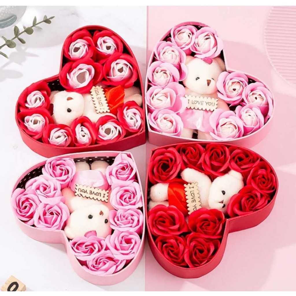 J&E Rose soap Flowers and Teddy Bear Gift Box For Valentine's Day ...
