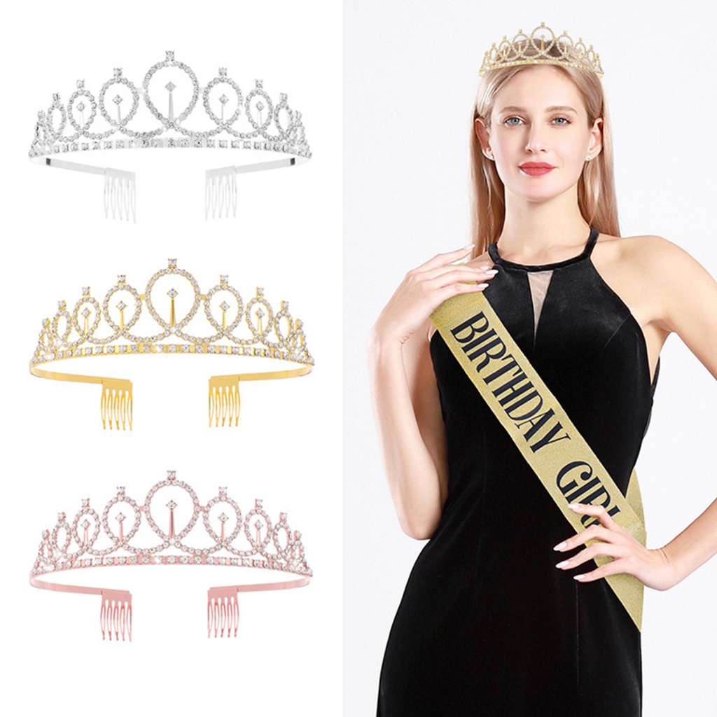 Birthday Party Wedding Sash Crown Set Ribbons Shoulder Girl Princess ...