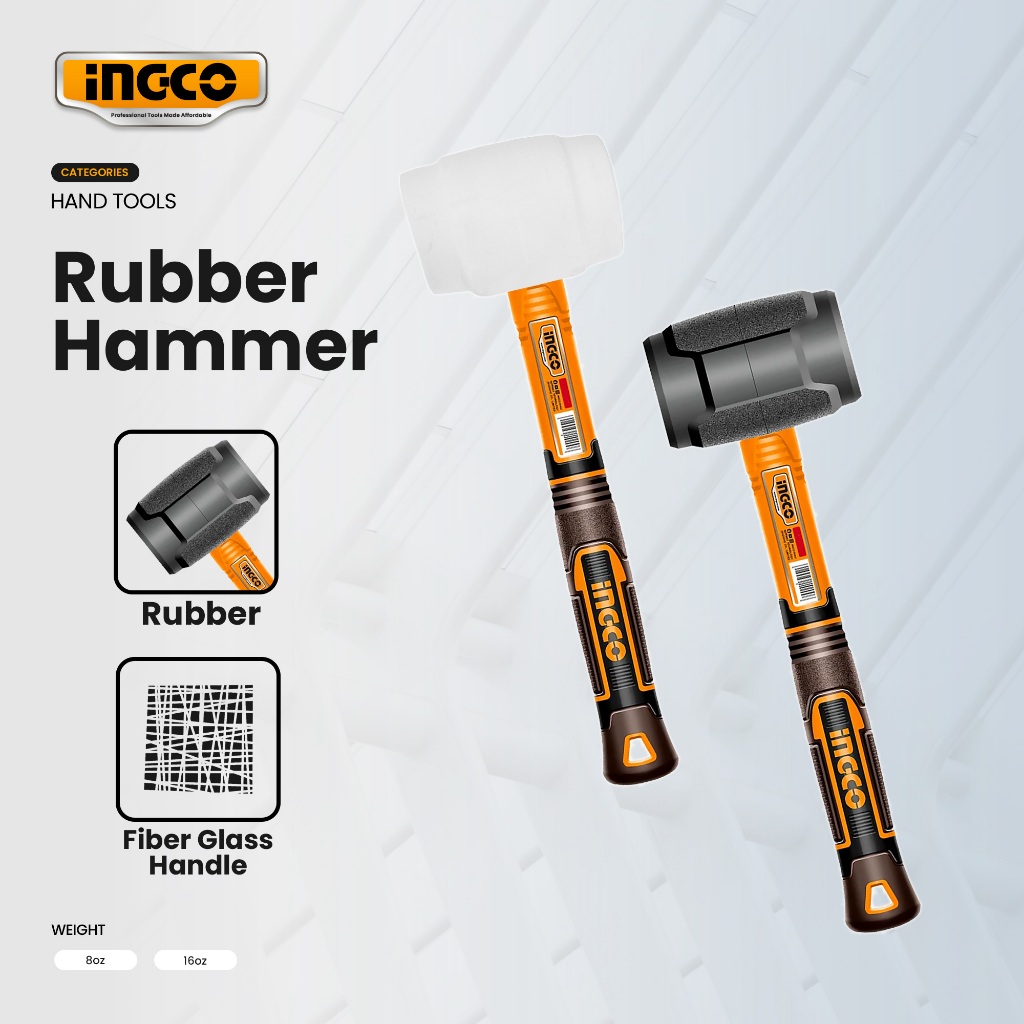 Ingco Natural Rubber Hammer 8oz-16oz Soft Type Unique Design Fiberglass ...
