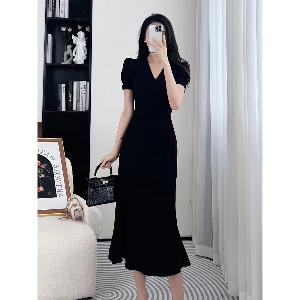 Korean black church dress long mermaid Short Sleeves french