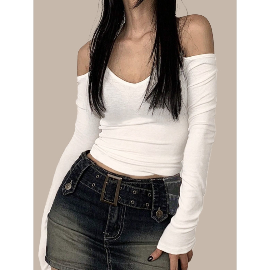 KILY.PH Open-Shoulder Halter Neck Longsleeves Basic Solid Color Top ...