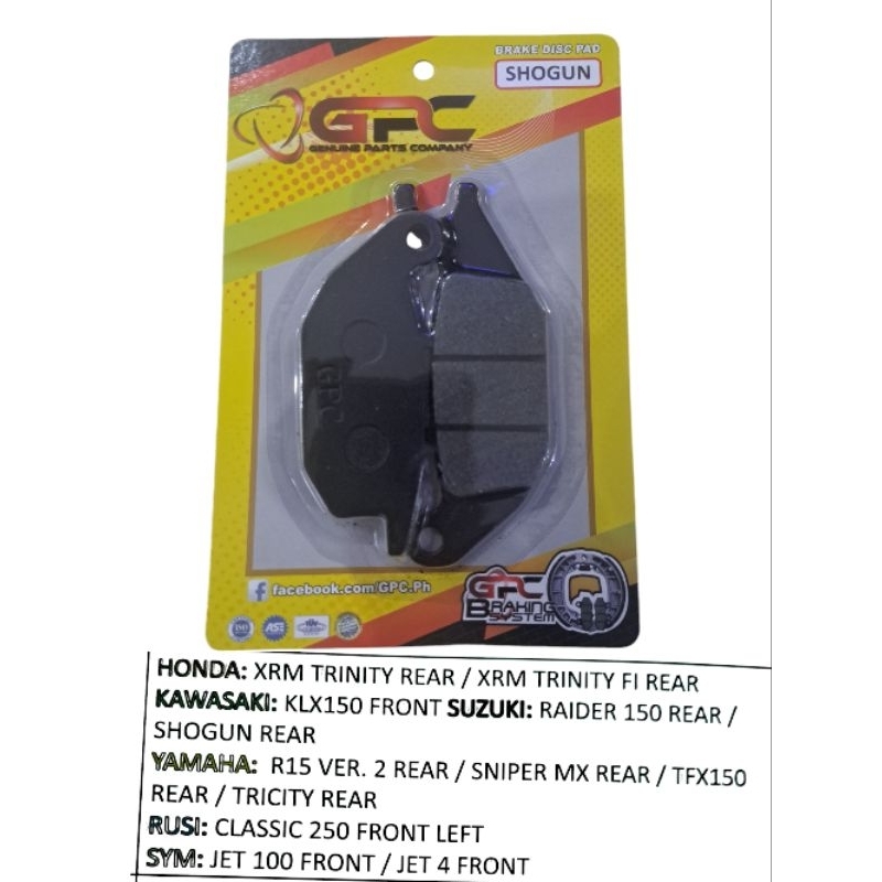 gpc brake pad suzuki raider 150 carb rear/ shogun rear | Shopee Philippines