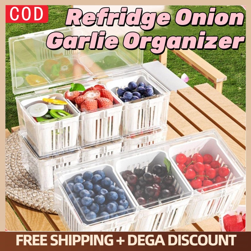 3 Grid Kitchen Fridge Storage Box with Lid for Onion Garlic Ginger ...