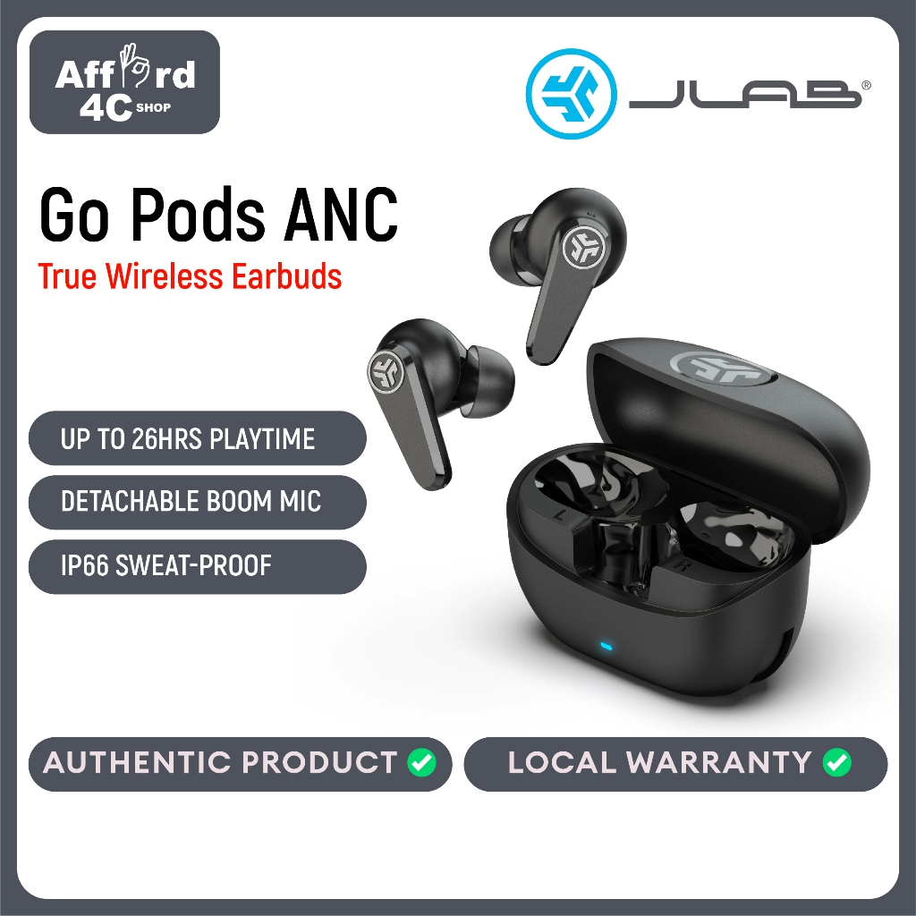 JLab Go Pods ANC True Wireless Bluetooth Earbuds & Charging Case, Black ...