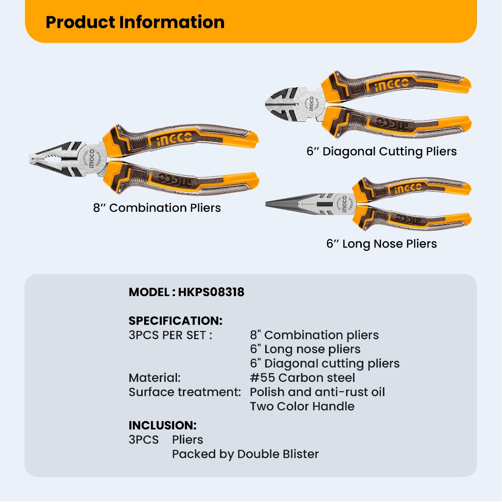 INGCO HKPS08318 3pcs Pliers Set (8